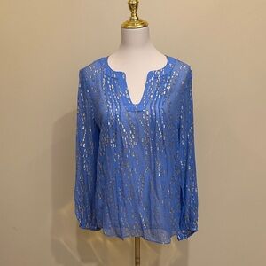 Lilly Pulitzer Blue Gold Metallic Silk Blouse Top- Size M- NWT